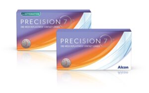 Emballages de lentilles cornéennes PRECISION7 à remplacement hebdomadaire montrant les options sphériques et toriques