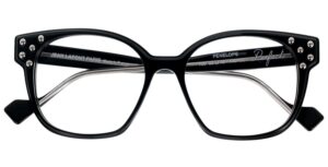 Black rectangular eyeglasses with rhinestone corner accents and clear lenses