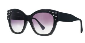 Black cat-eye sunglasses with rhinestone embellishments and gradient lenses
