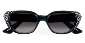 Black rectangular sunglasses with rhinestone-studded temples and gradient lenses