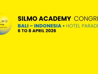 Promotional graphic for the SILMO Academy Congress. The background is bright yellow with a logo on the left showing a globe and the text "SILMO Academy - Premium Education." The main text reads: "SILMO ACADEMY CONGRESS, BALI – INDONESIA • HOTEL PARADISUS, 6 TO 8 APRIL 2026.