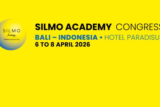 Promotional graphic for the SILMO Academy Congress. The background is bright yellow with a logo on the left showing a globe and the text "SILMO Academy - Premium Education." The main text reads: "SILMO ACADEMY CONGRESS, BALI – INDONESIA • HOTEL PARADISUS, 6 TO 8 APRIL 2026.
