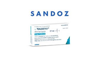Boîte d'emballage du produit Sandoz Enzeevu injection d'aflibercept 2 mg/0,05 mL montrant une seringue préremplie pour usage intravitréen