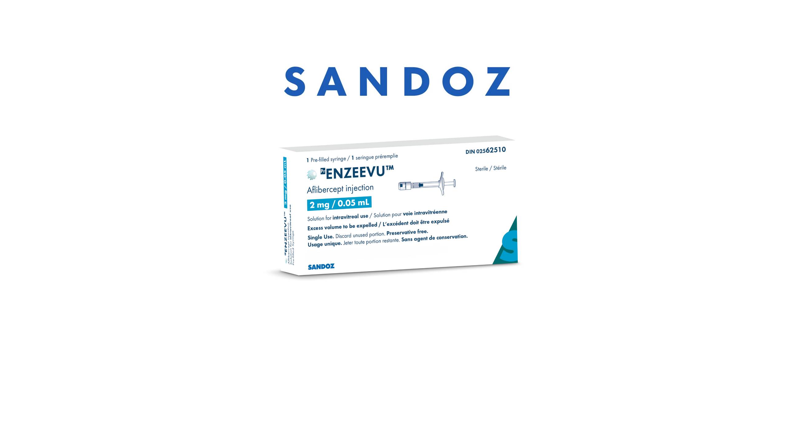 Boîte d'emballage du produit Sandoz Enzeevu injection d'aflibercept 2 mg/0,05 mL montrant une seringue préremplie pour usage intravitréen
