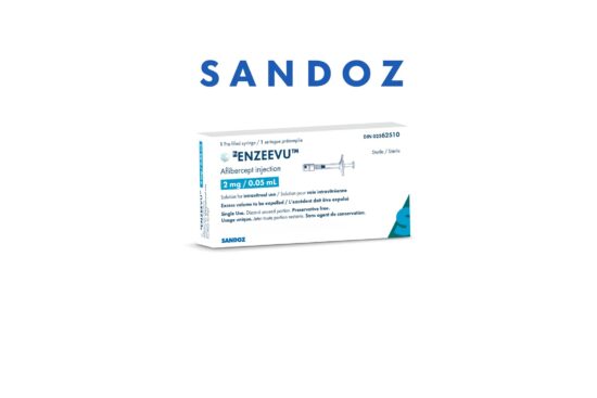 Sandoz Enzeevu aflibercept injection 2 mg/0.05 mL product packaging box showing pre-filled syringe for intravitreal use