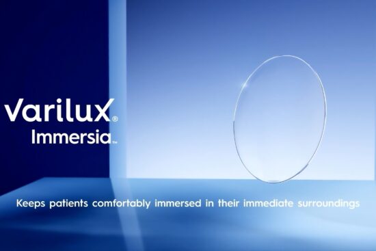 A floating Varilux Immersia occupational lens featuring a blue hexagonal digital pattern, set against a minimalist blue background with the Essilor logo in the top right.