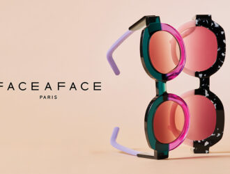 A vertical display of two round, bold-colored sunglasses—one in teal and magenta, the other in pink and black marble—beside the Face à Face Paris logo.