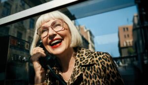 Woman in leopard print wearing J.F. REY eyewear using vintage phone