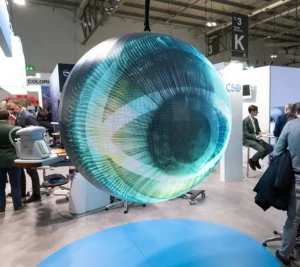 Large illuminated eye sculpture at MIDO 2026 eyewear exhibition