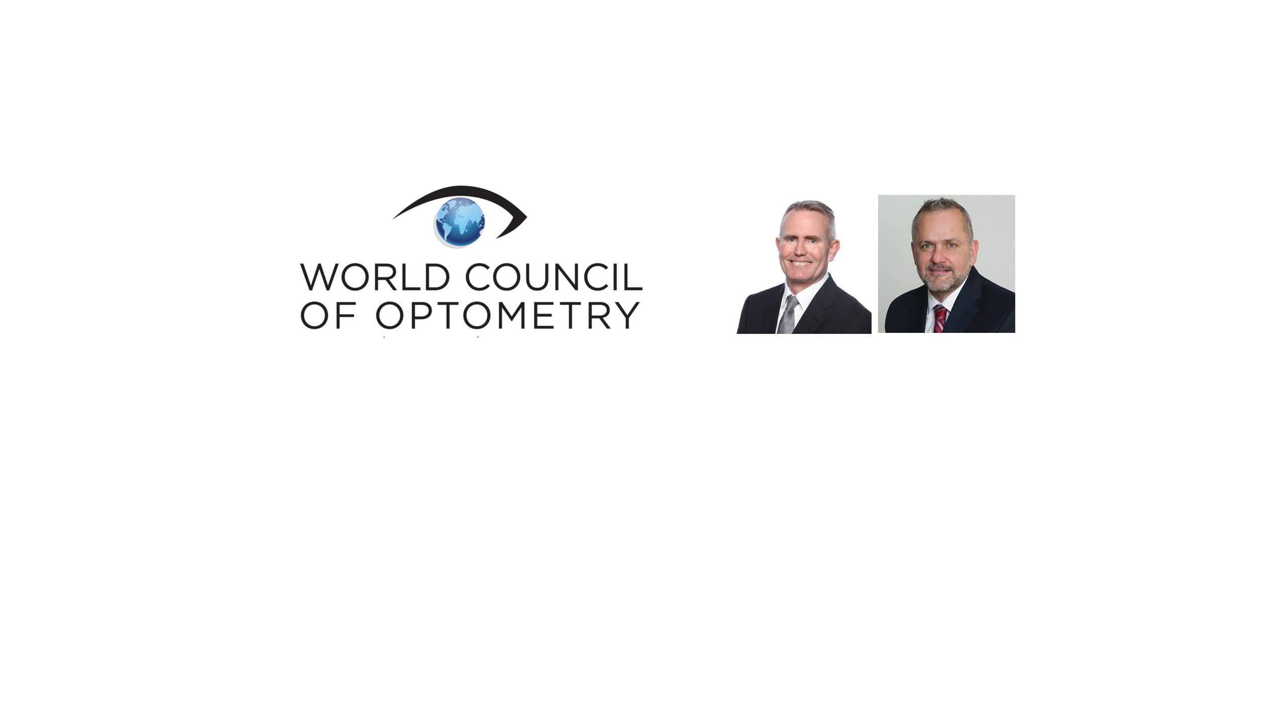 Logo du Conseil mondial d'optométrie avec les photos professionnelles du Dr Scott Mundle et du Dr Juan Carlos Aragón