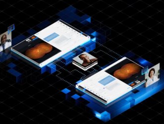 Une visualisation numérique conceptuelle en 3D de ZEISS Collaborative Care montrant plusieurs professionnels de la vue connectés via des interfaces de navigation affichant des scans rétiniens et des données de patients.