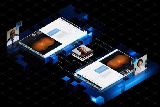 A conceptual 3D digital visualization of ZEISS Collaborative Care showing multiple eye care professionals connected via floating browser interfaces that display retinal scans and patient data.