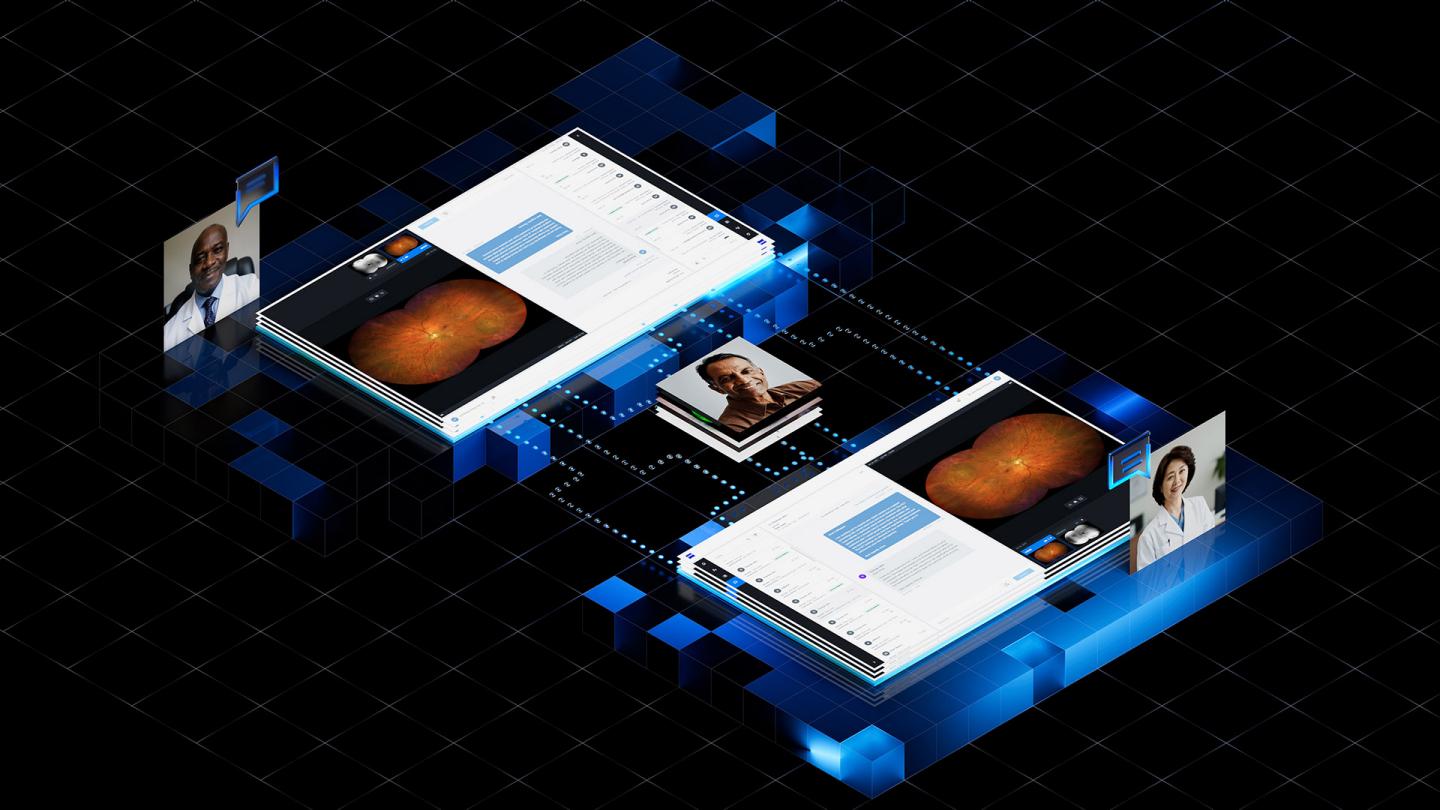 A conceptual 3D digital visualization of ZEISS Collaborative Care showing multiple eye care professionals connected via floating browser interfaces that display retinal scans and patient data.