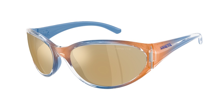 Arnette Raven 0AN4368 wraparound sunglasses with a bold oval silhouette and bevelled curves. Frame in a translucent gradient blending peach-orange and sky blue, with gold mirror biocircular polycarbonate lenses. Three-quarter view highlighting the high-shine finish and adjustable temples.
