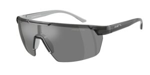 Arnette 0AN4369 rectangular wrap-front sunglasses in transparent dark grey, with grey mirror biocircular polycarbonate lenses and a single-piece shield-style lens design. Temples feature a zigzag motif. Made with bio-based nylon. Three-quarter view showing the ARNETTE logo on the temple.