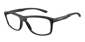 Montures optiques rectangulaires Arnette 0AN7291 en noir mat, avec une silhouette en forme de coussin, un pont haut et des branches à motif zigzag avec embout texturé. Fabriquées en nylon biosourcé et recyclé. Vue de trois quarts montrant le marquage ARNETTE sur la branche.