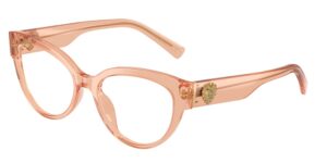 Dolce&Gabbana DG3440 cat-eye optical frames in translucent pink acetate with clear lenses, featuring a harmonious rounded silhouette and a gold Sacred Heart detail at the temple hinge. Three-quarter product view on white background.