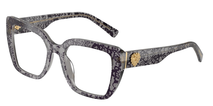 Dolce&Gabbana DG3441 square optical frames in a grey and purple lace-pattern acetate, featuring bold proportions, a gold-toned Sacred Heart with DG Crossed logo on the temple, and clear lenses. Three-quarter product view on white background.