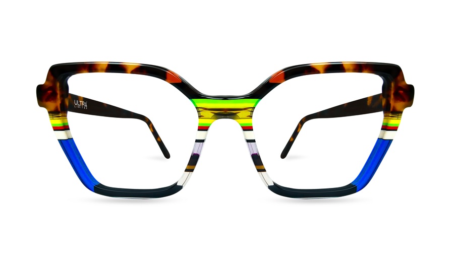 Monture optique Ultra Limited Acireale en acétate superposé combinant une partie supérieure écaille de tortue avec des rayures horizontales multicolores vives et un bord inférieur bleu profond, vue de face sur fond blanc.