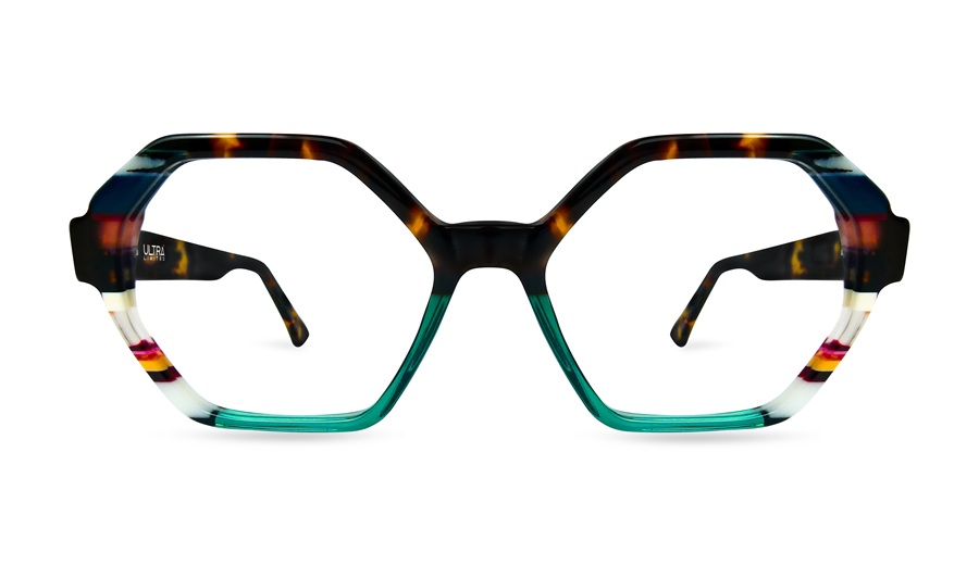 Ultra Limited Amatrice hexagonal optical frame in layered acetate with a tortoiseshell and teal gradient upper, multicolour stripe detailing on the lower rim, front view on white background.