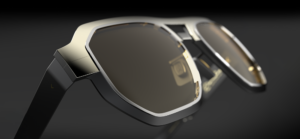 Gros plan sur les lunettes Blackfin Prometheus Two révélant la monture en titane poli à la main avec finition PVD Obsidian Black Gold, les bords de cerclage sculptés et les verres sombres réfléchissants, sur fond gris foncé dramatique.