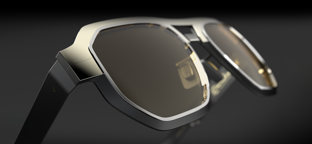 Close-up detail of Blackfin Prometheus Two sunglasses showing the hand-polished titanium frame with PVD Obsidian Black Gold finish, sculpted rim edges, and reflective dark lenses against a dramatic dark grey background.