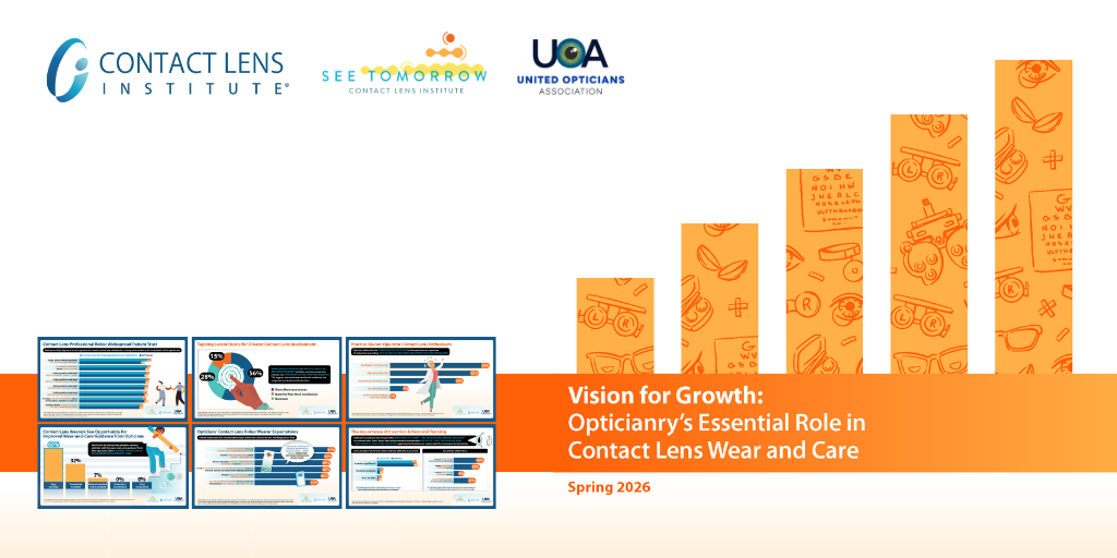 Vision for Growth infographic cover featuring a bar chart with orange bars and eye care iconography, promoting a Spring 2026 report by the Contact Lens Institute and United Opticians Association on opticianry's role in contact lens wear and care.