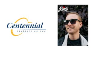 Centennial Optical logo alongside a Roots Sunglasses campaign image featuring a smiling man wearing tortoise-shell rectangular sunglasses, frame RTS5017, against a dark foliage background.