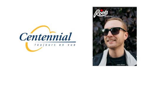 Centennial Optical logo alongside a Roots Sunglasses campaign image featuring a smiling man wearing tortoise-shell rectangular sunglasses, frame RTS5017, against a dark foliage background.