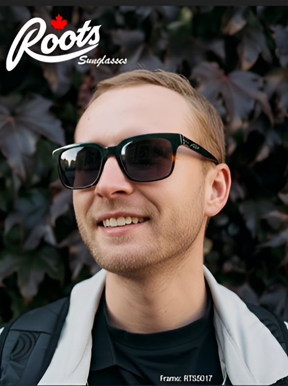 Close-up campaign shot of a smiling man wearing Roots Sunglasses tortoise-shell rectangular frames (RTS5017) against a dark leafy background, with the Roots Sunglasses logo in the upper left corner.