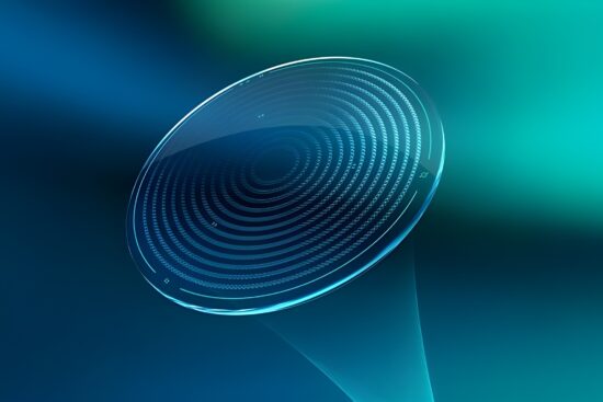 Un verre de lunettes rendu numériquement avec des anneaux spiralés concentriques, sur un arrière-plan dégradé bleu et vert sarcelle, représentant la technologie H.A.L.T.® MAX des verres Essilor® Stellest® 2.0 pour la gestion de la myopie.