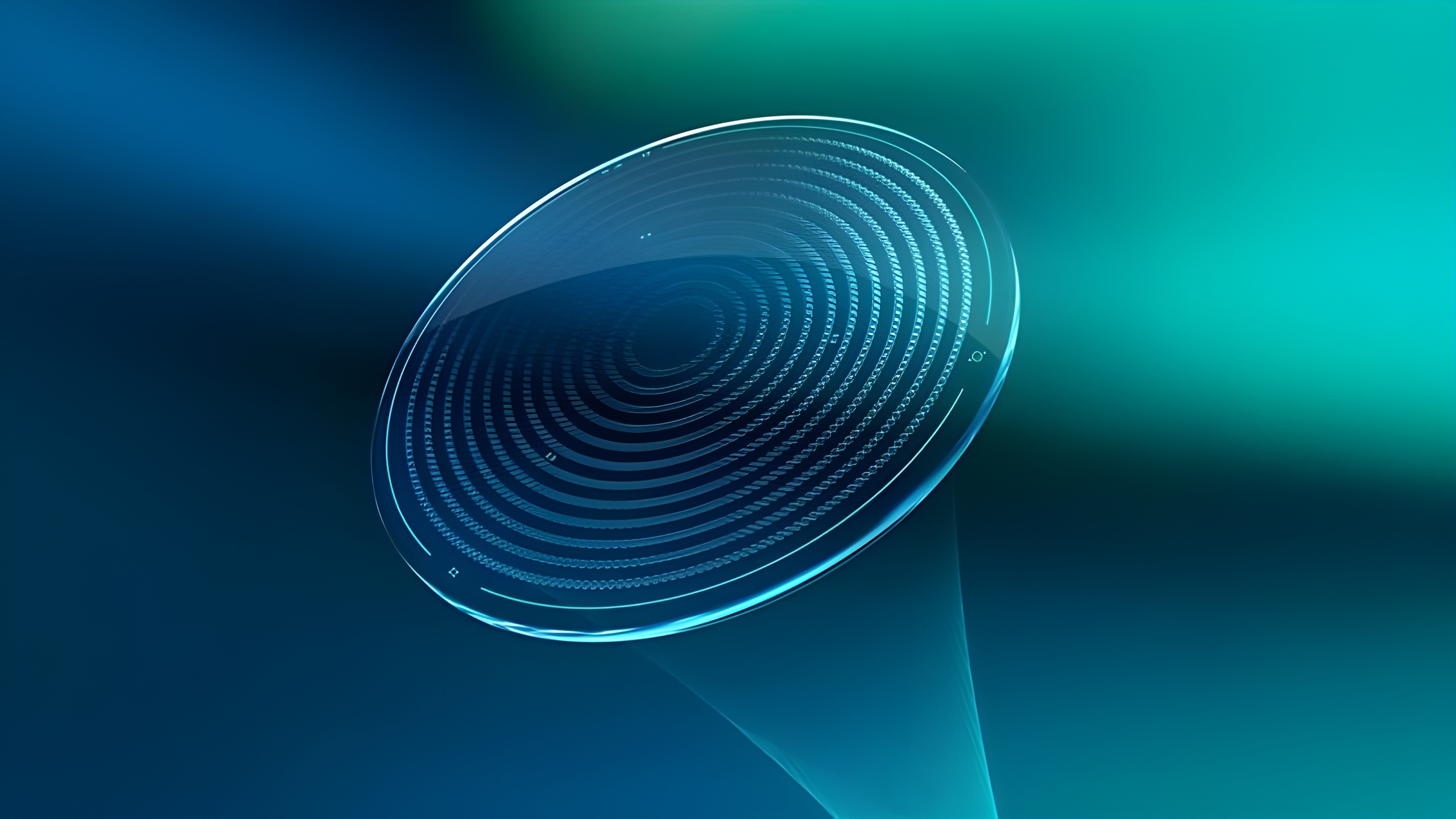Un verre de lunettes rendu numériquement avec des anneaux spiralés concentriques, sur un arrière-plan dégradé bleu et vert sarcelle, représentant la technologie H.A.L.T.® MAX des verres Essilor® Stellest® 2.0 pour la gestion de la myopie.