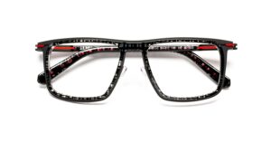 J.F. Rey SLEDGE series eyeglasses model JF3123 in black and red, folded flat. The rectangular frames feature a glossy black acetate front with a carbon-look inner pattern, vivid red metallic accents at the temples, and the brand's signature screwless Flex hinge.