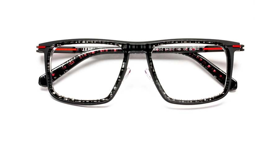 J.F. Rey SLEDGE series eyeglasses model JF3123 in black and red, folded flat. The rectangular frames feature a glossy black acetate front with a carbon-look inner pattern, vivid red metallic accents at the temples, and the brand's signature screwless Flex hinge.