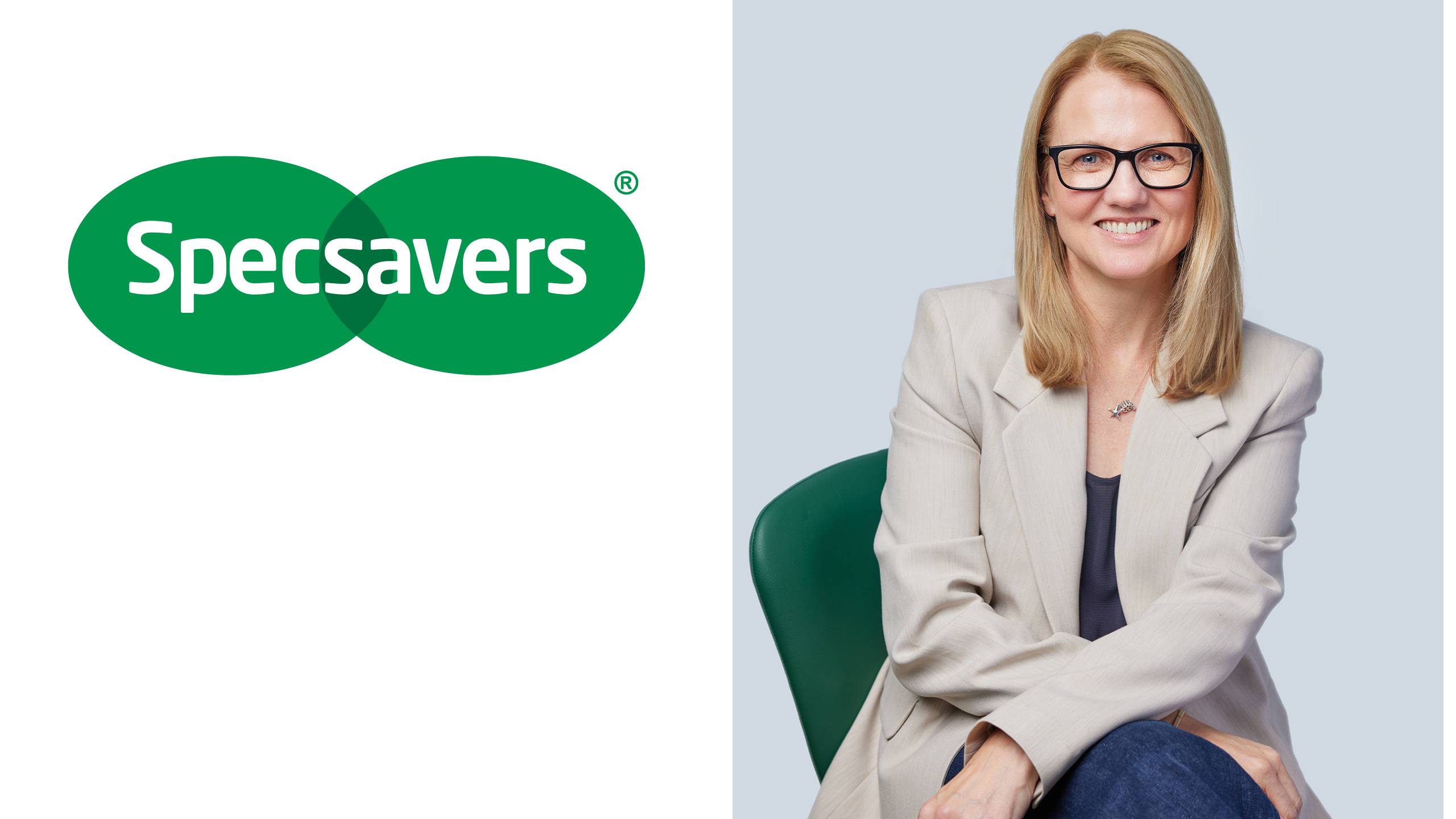 Specsavers logo alongside a portrait of Jane Hoban, newly appointed Managing Director of Specsavers Canada.