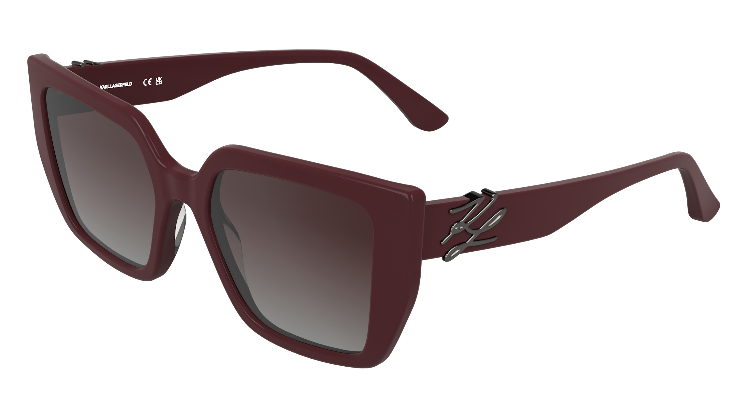 Karl Lagerfeld burgundy cat-eye sunglasses with gradient brown lenses and KL signature hardware