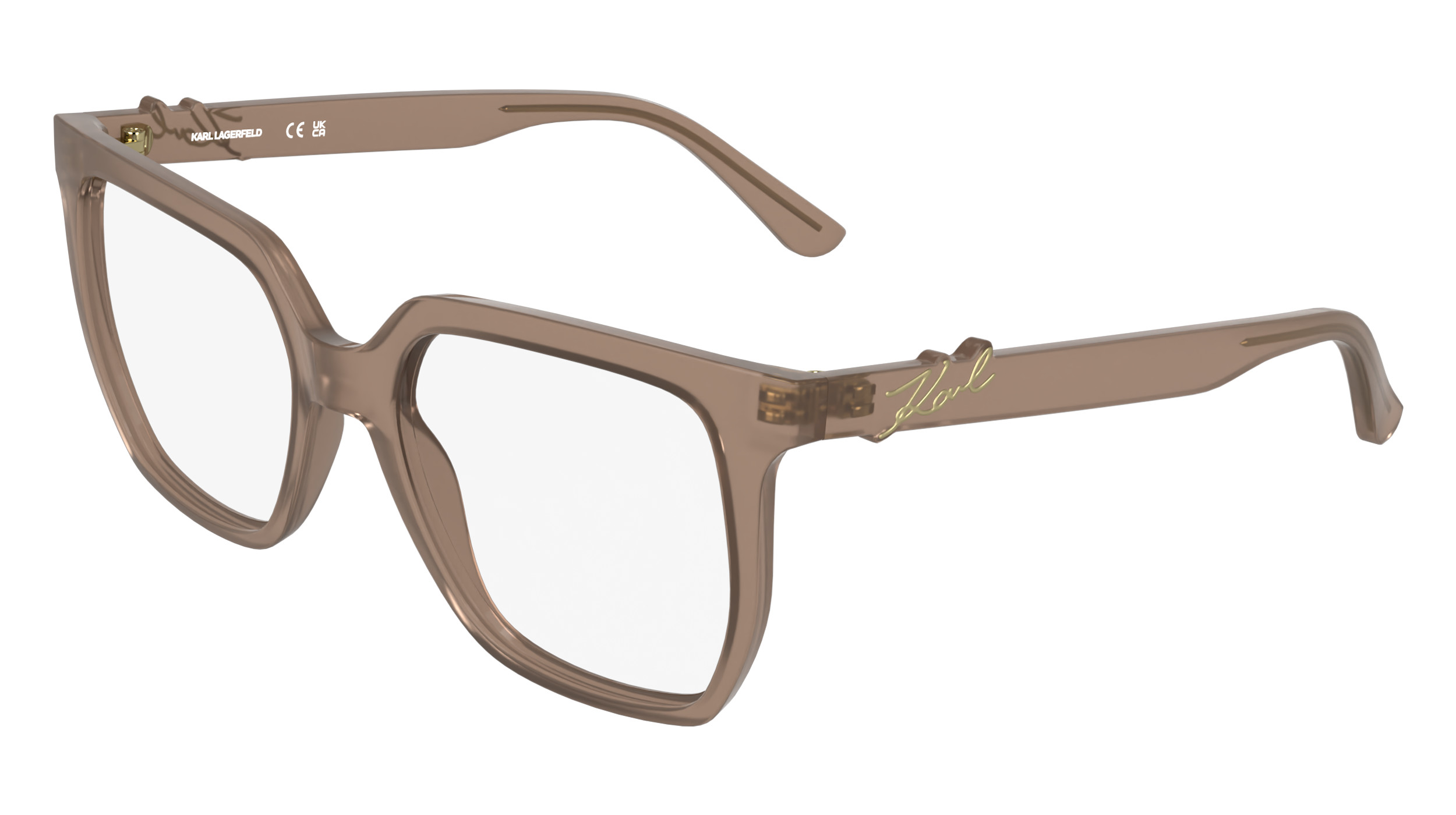 Karl Lagerfeld translucent taupe square optical frames with gold Karl signature on temple