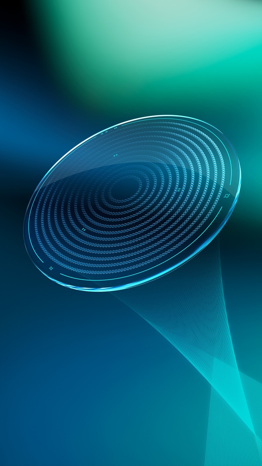Un verre de lunettes rendu numériquement avec des anneaux spiralés concentriques, sur un arrière-plan dégradé bleu et vert sarcelle, représentant la technologie H.A.L.T.® MAX des verres Essilor® Stellest® 2.0 pour la gestion de la myopie.