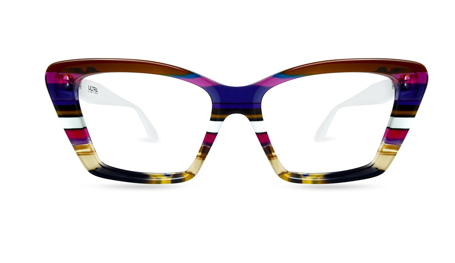 Monture optique Ultra Limited Licata en forme d'œil de chat en acétate superposé avec une partie supérieure brun chaud, dégradé violet et rayures horizontales multicolores vers un bord inférieur écaille miel, vue de face sur fond blanc.
