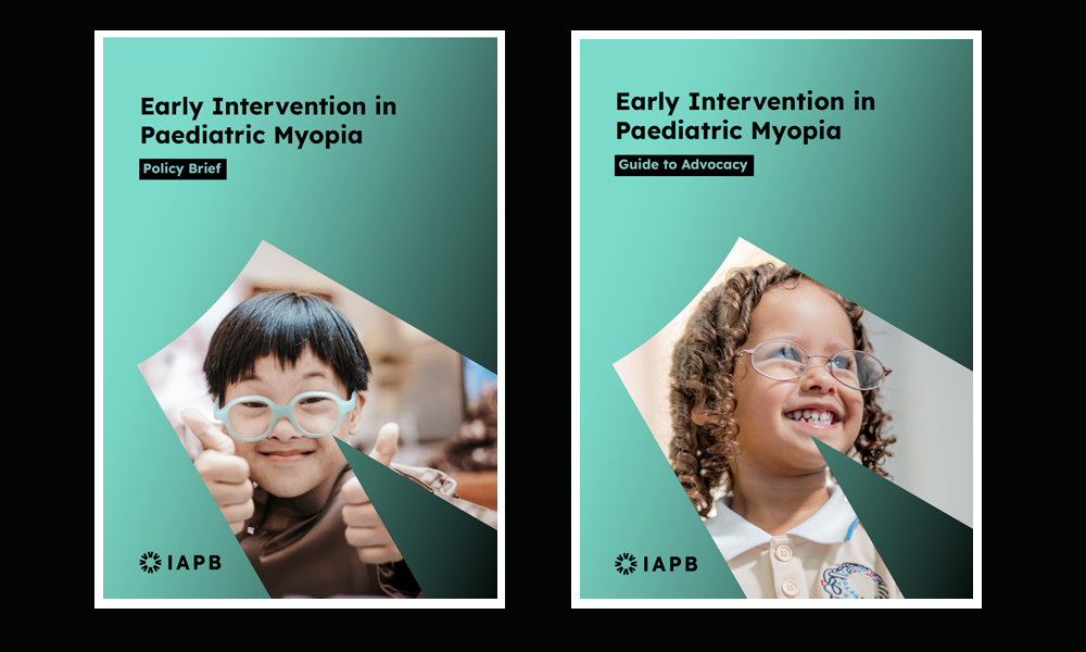 Two side-by-side document covers on a dark background, both titled "Early Intervention in Paediatric Myopia" and published by IAPB. The left cover is labelled "Policy Brief" and features a smiling young boy wearing blue glasses giving a thumbs up. The right cover is labelled "Guide to Advocacy" and features a smiling young girl wearing glasses against a teal geometric background.