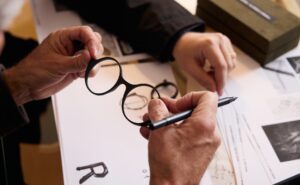 Gros plan de mains tenant un prototype de monture ronde sur des esquisses de design