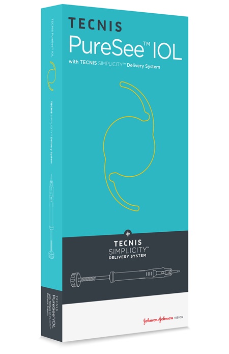 Front-facing view of the TECNIS PureSee IOL product packaging in teal, displaying the lens outline graphic and TECNIS Simplicity Delivery System branding