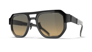 Blackfin Prometheus Two sunglasses in PVD Obsidian Black Gold with Ruthenium aluminum rims, three-quarter side view, showcasing the lateral spoiler, two-tone grey-to-amber gradient lenses, and transparent grey acetate temple tips against a white background.