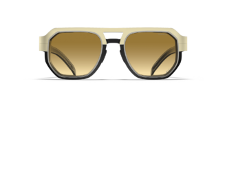 Blackfin Prometheus Two sunglasses in PVD Light Gold and black, front view, featuring an oversized double bridge, geometric octagonal frames, and two-tone amber gradient lenses against a white background.