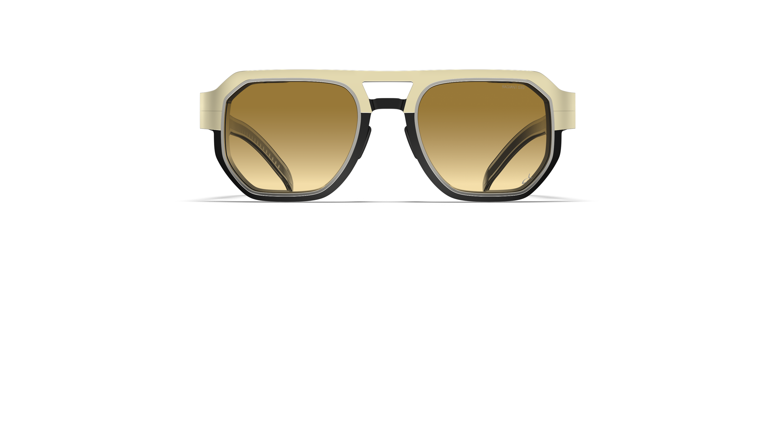 Blackfin Prometheus Two sunglasses in PVD Light Gold and black, front view, featuring an oversized double bridge, geometric octagonal frames, and two-tone amber gradient lenses against a white background.