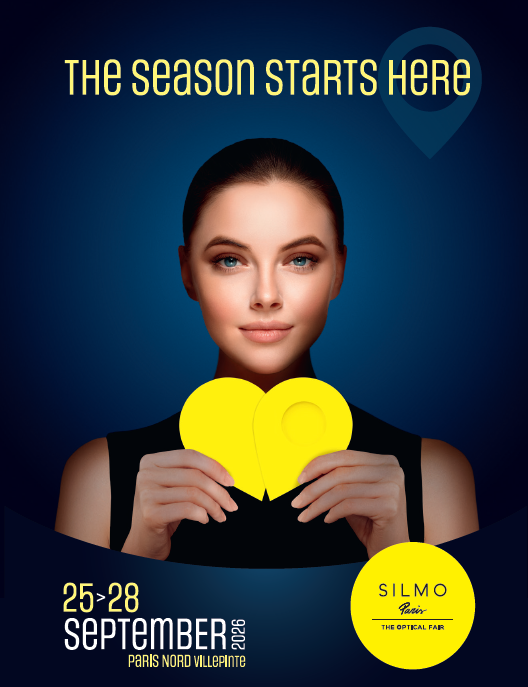 SILMO Paris 2026 promotional poster with the tagline 'The Season Starts Here' in yellow text. A woman holds a yellow heart-shaped object on a dark blue background, with event details: 25–28 September 2026, Paris Nord Villepinte, and the SILMO Paris – The Optical Fair logo.