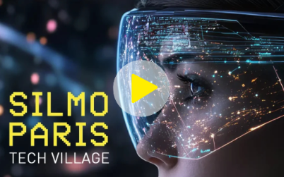 SILMO Paris Tech Village video thumbnail showing a woman wearing futuristic smart eyewear with digital data projections, overlaid with the SILMO Paris Tech Village logo in yellow text.