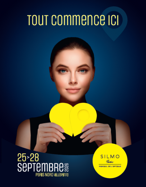 Affiche promotionnelle SILMO Paris 2026 avec le slogan 'The Season Starts Here' en texte jaune. Une femme tient un objet en forme de cœur jaune sur fond bleu foncé, avec les détails de l'événement : 25–28 septembre 2026, Paris Nord Villepinte, et le logo SILMO Paris – The Optical Fair.