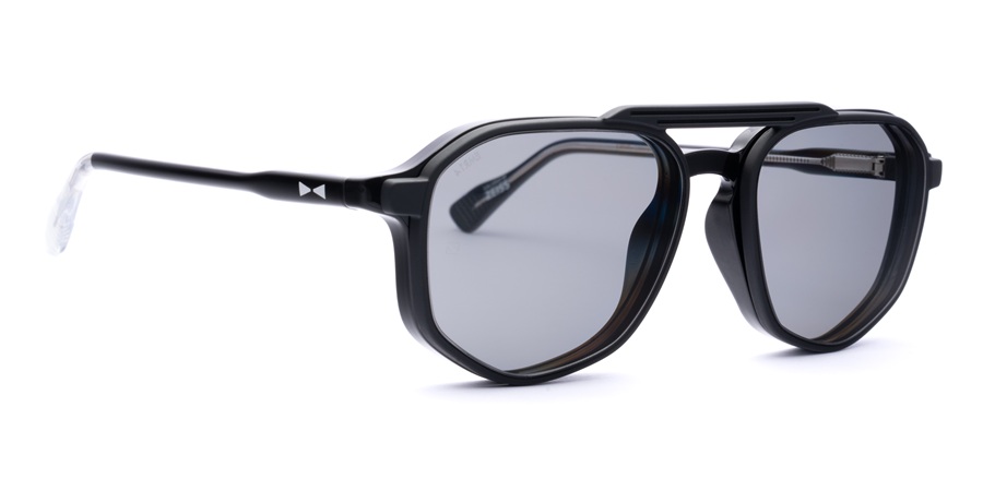Lunettes de soleil Snob Milano style aviateur en acétate sombre avec double pont, verres plats géométriques, protège-latéraux et embouts transparents cristal — de la collection Emir.