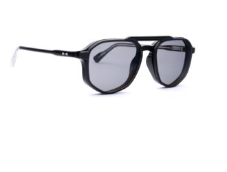 Snob Milano aviator-style sunglasses in dark acetate with a double bridge, geometric flat lenses, side shields, and transparent crystal tips — from the Emir collection.